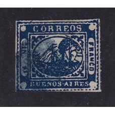 ARGENTINA 1858 GJ 11A BARQUITO DE COLOR AZUL OSCURO ESTAMPILLA DE GRAN CALIDAD CON SELLO DE GARANTIA AL DORSO DEL EXPERTO FRANCES AIME BRUN U$ 132